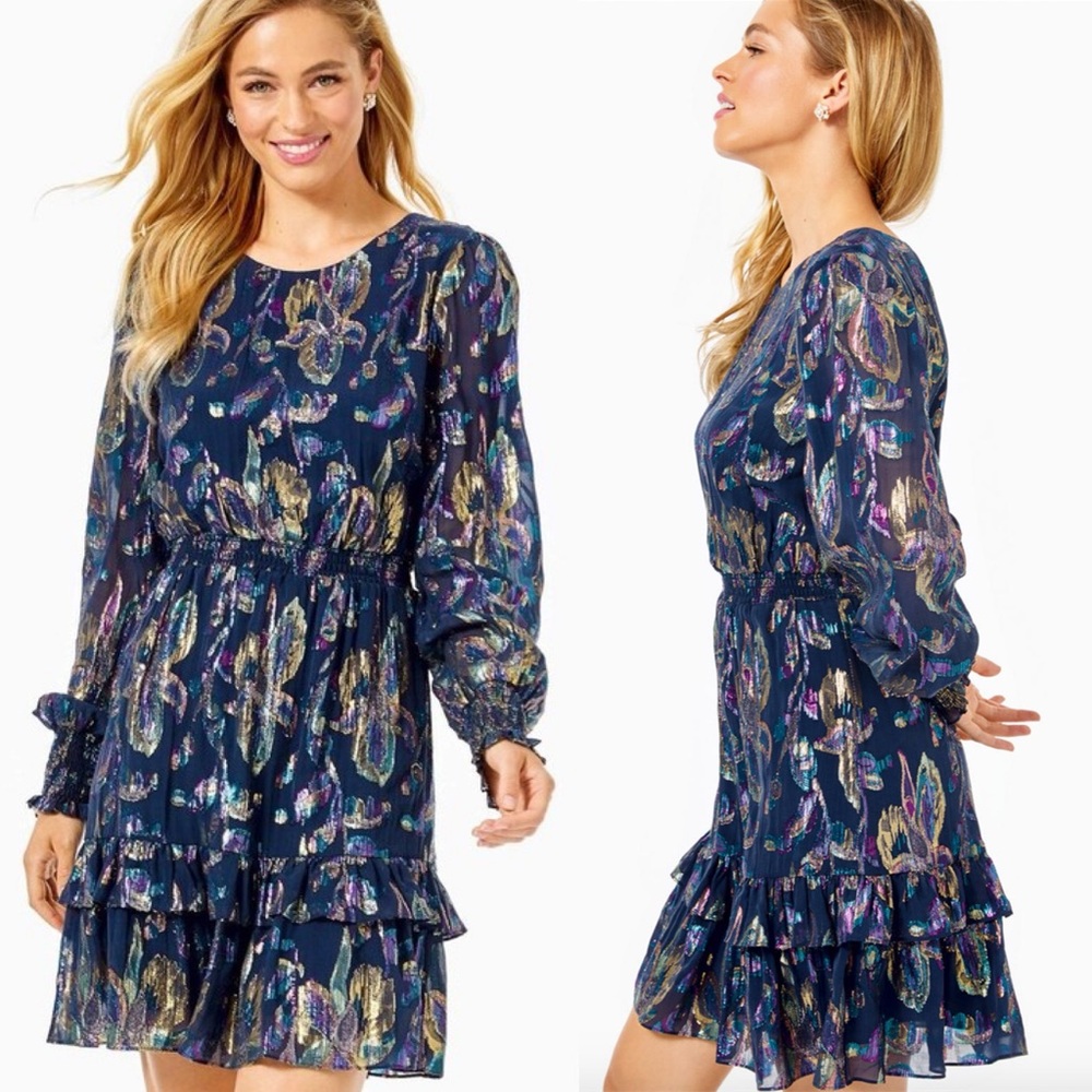 Lilly Pulitzer Dotti Silk Dress True Navy Rainbow Lurex Multi Floral Metallic